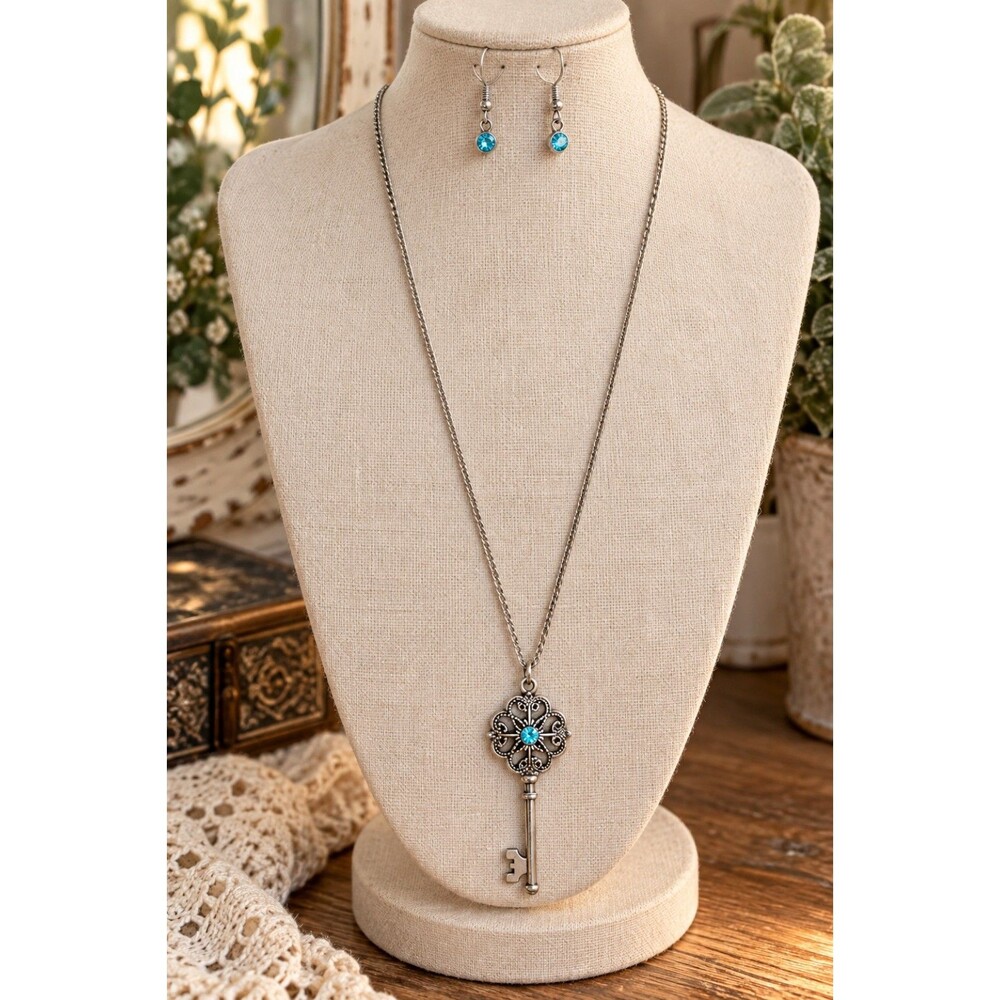 Silver Tone Skeleton Key Necklace & Blue Rhinestone Dangle Earrings Jewelry Set
